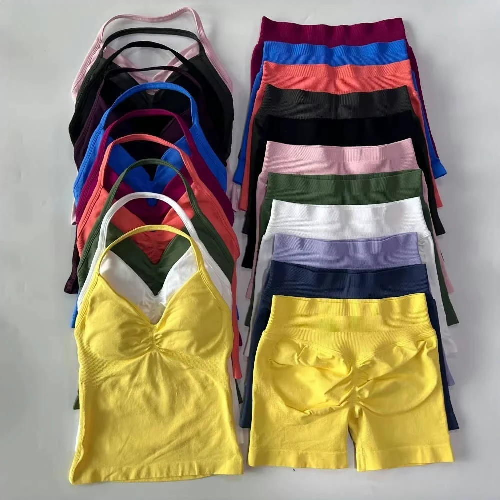 2Pcs Impact Gym Set Women Backless Tank Tops Scrunch Seamless Shorts Gym Suit Fitness Clothes Activewear Workout Sets