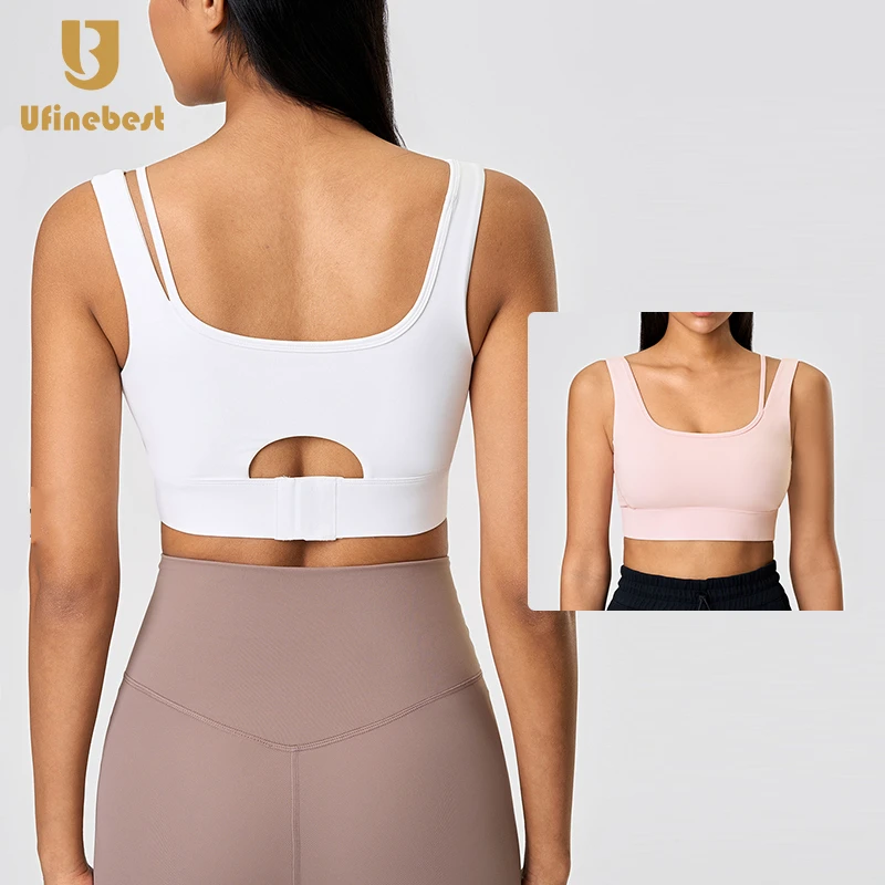 High Support Women's Sports Bras Fixed Cup Back Closure Lightweight Breathable Gym Fitness Running Bra Cutout Back Front Logo