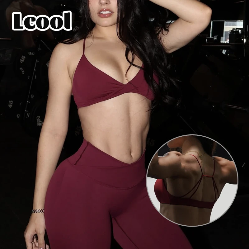 Lcool Custom Sportswear Athletic Yoga Bra Women Fitness Workout Top Active Padded Cross-Back Yoga Bra Twist Seamless Sports Bra