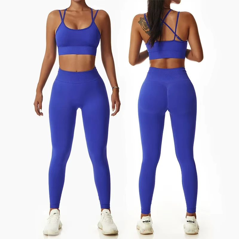 Women 2 Piece Yoga Set High Waist Leggings Crisscross Straps Crop Top Solid Blue Seamless Stretch Workout Athletic Wear