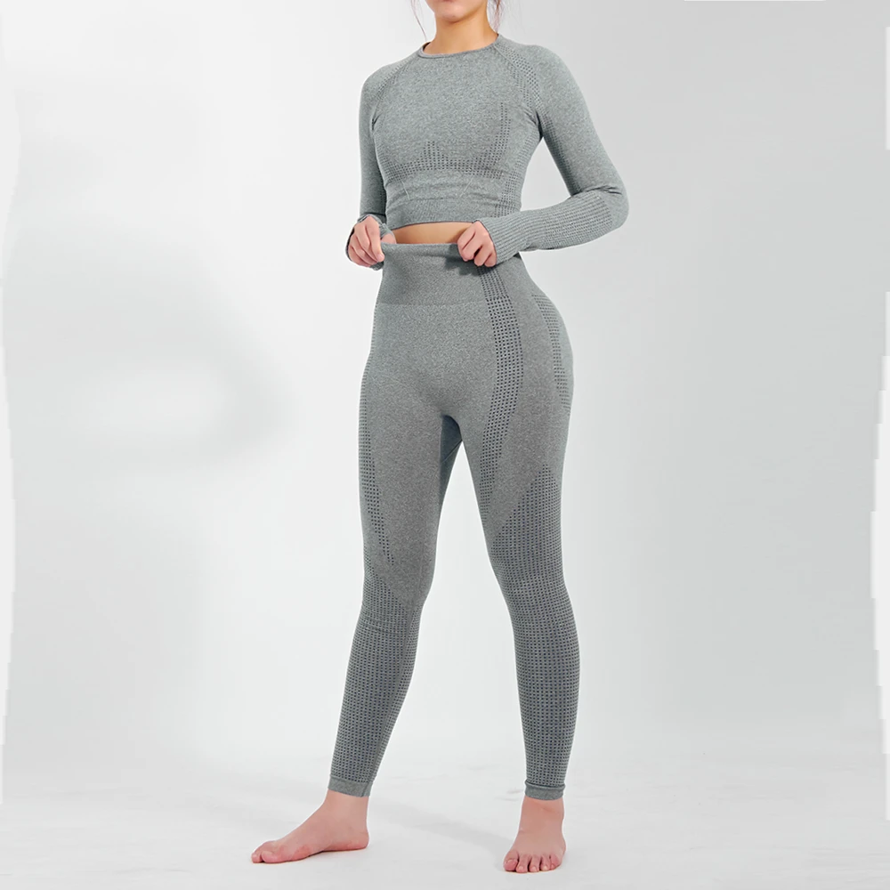 Fashion Multicolour High Neck Black Long Sleeve Tummy Control Fitiness Clothing High Waist Ribbed Seamless Yoga Set