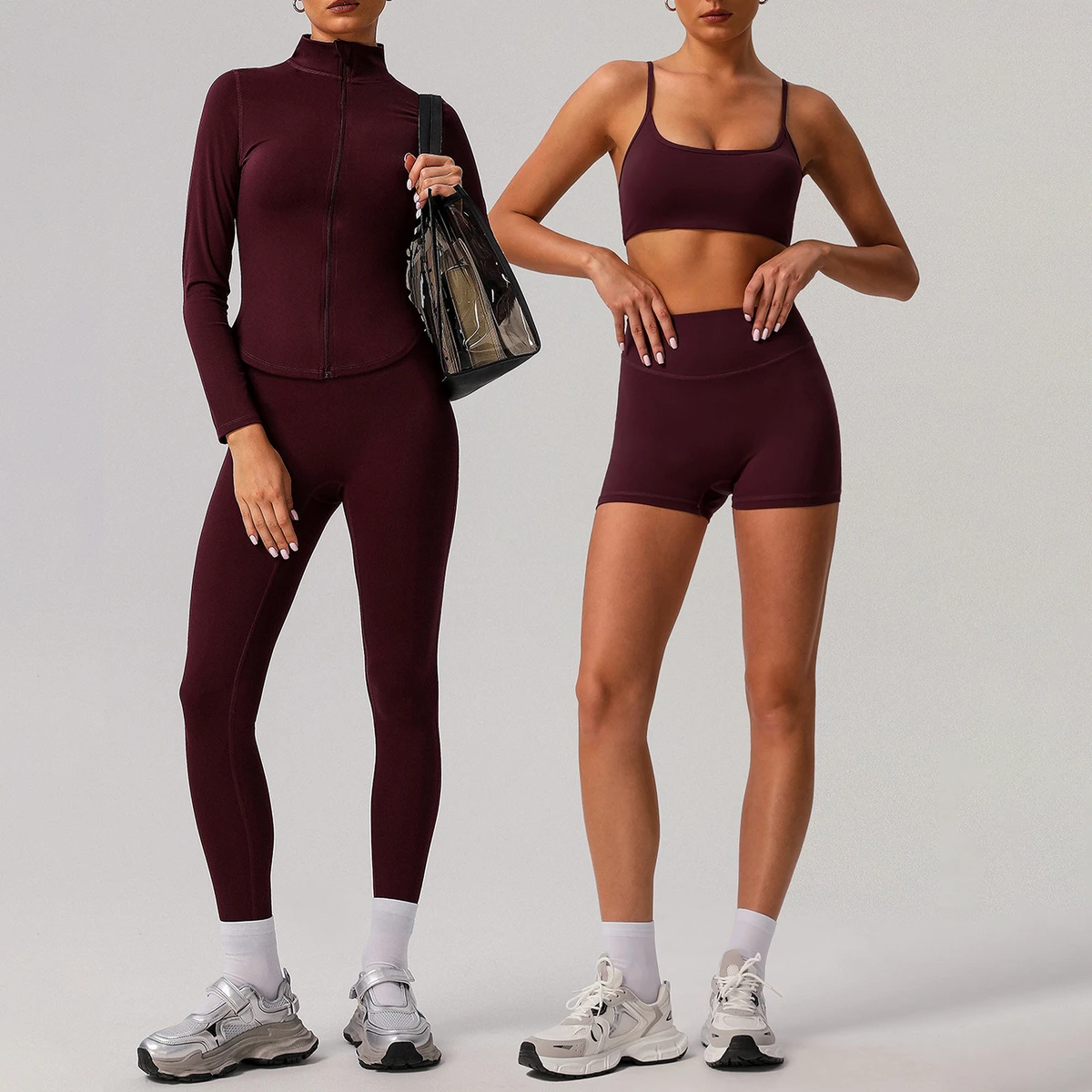 OEM Women Solid Front 5 Piece Gym Fitness Set Zipper Jacket Sports Bra Biker Shorts High Waist Yoga Leggings Activewear