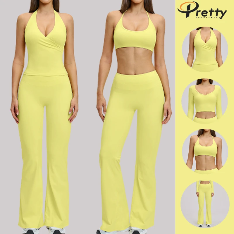 Women's 4-Piece Yoga Set Workout Quick-Dry Backless Halter High-Waist Leggings Set Pilates Ballet Yoga Wear Gym