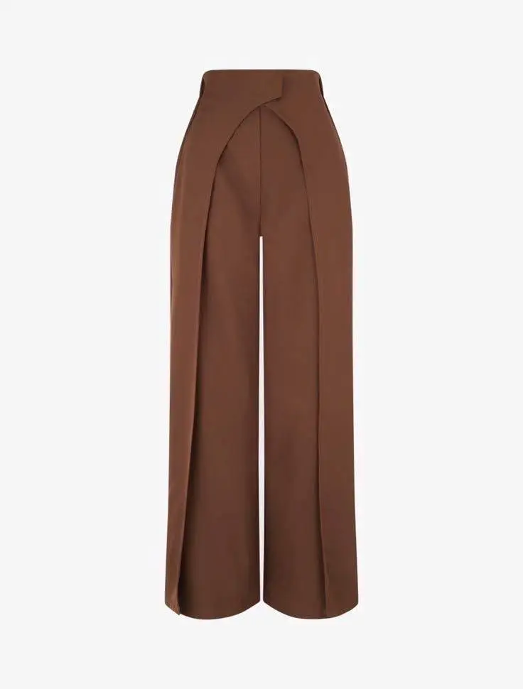 Women Elegant Mid Elastic Waist Flat Front Wide Leg Breathable Plaid Eco-Friendly Autumn Pants Formal Party Palazzo Japan Style