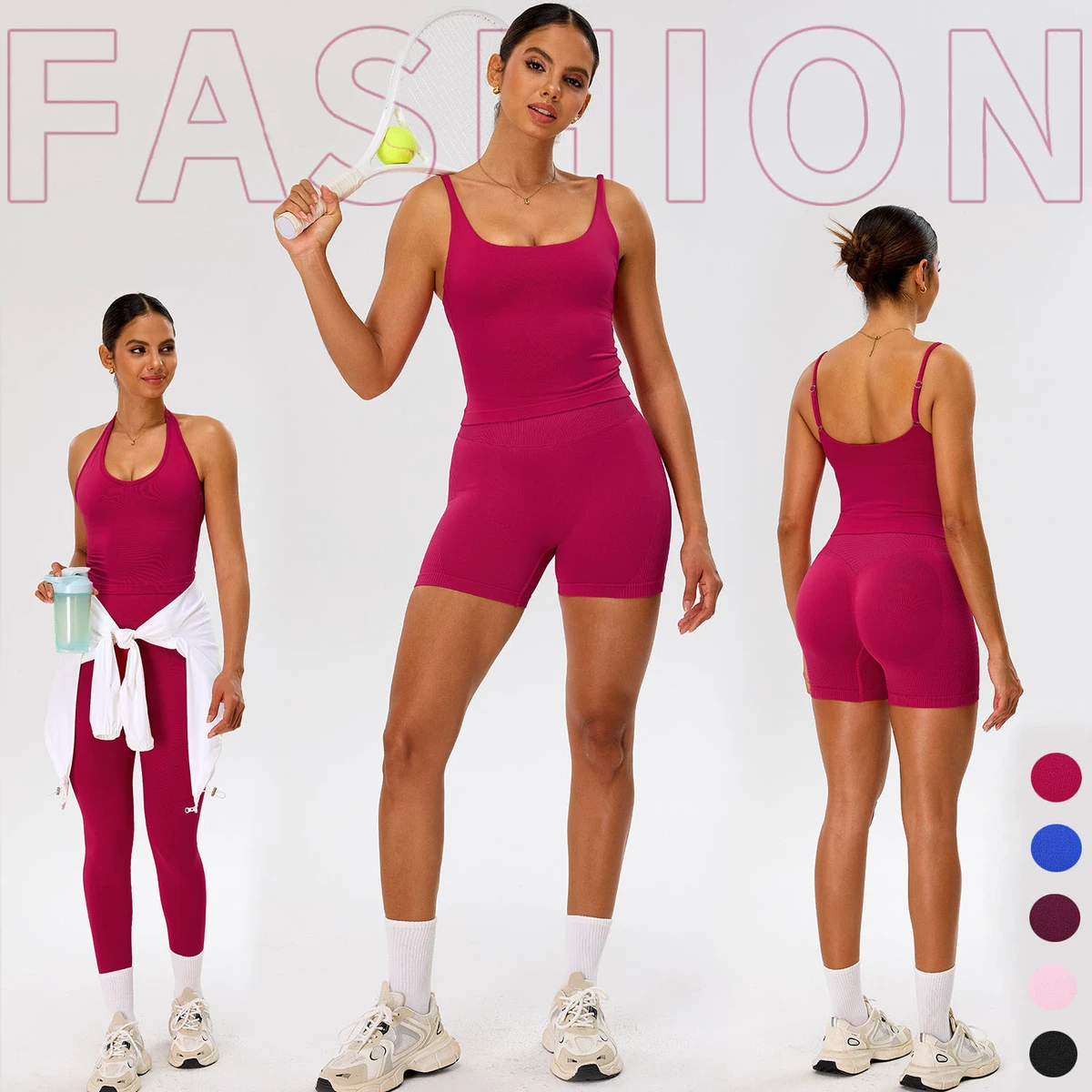 SHINBENE 4Pcs Seamless Halter Neck Crop Top Sets High Waist Booty Leggings Shorts Gym Yoga Pilates Active Wear Outfits