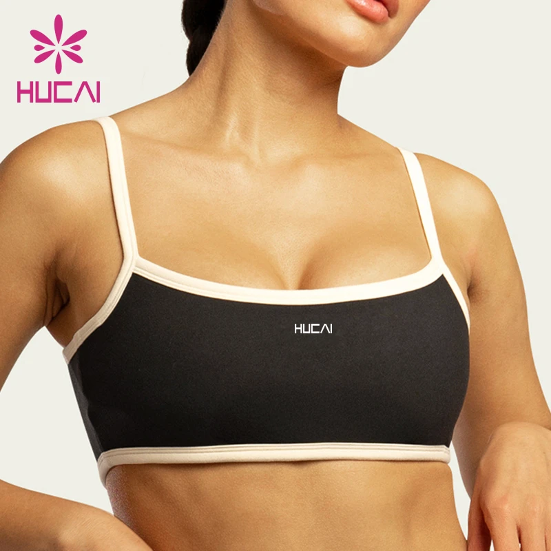 ODM HUCAI Custom Spandex Plunge square Neck Removable Padding Contrasting Thin Straps Yoga Gym Sports Bra Women