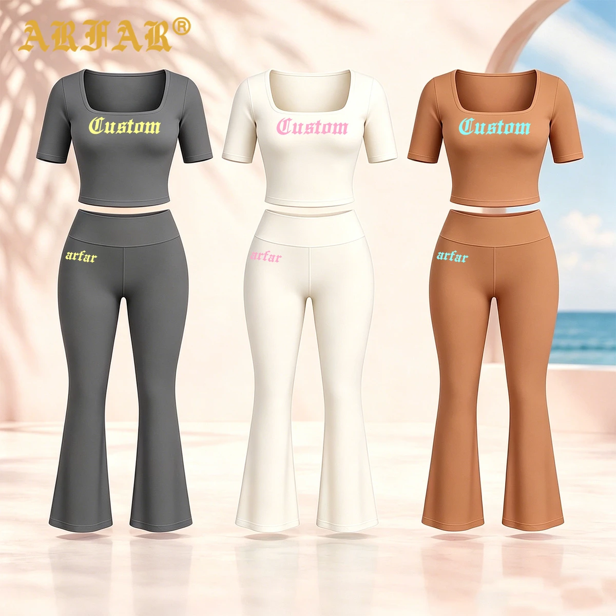 Soft Stretchy Activewear Sets Women Slim Fit Square Neck Crop Top Flared Leggings 2 Piece Yoga Set for Loungewear & Workout