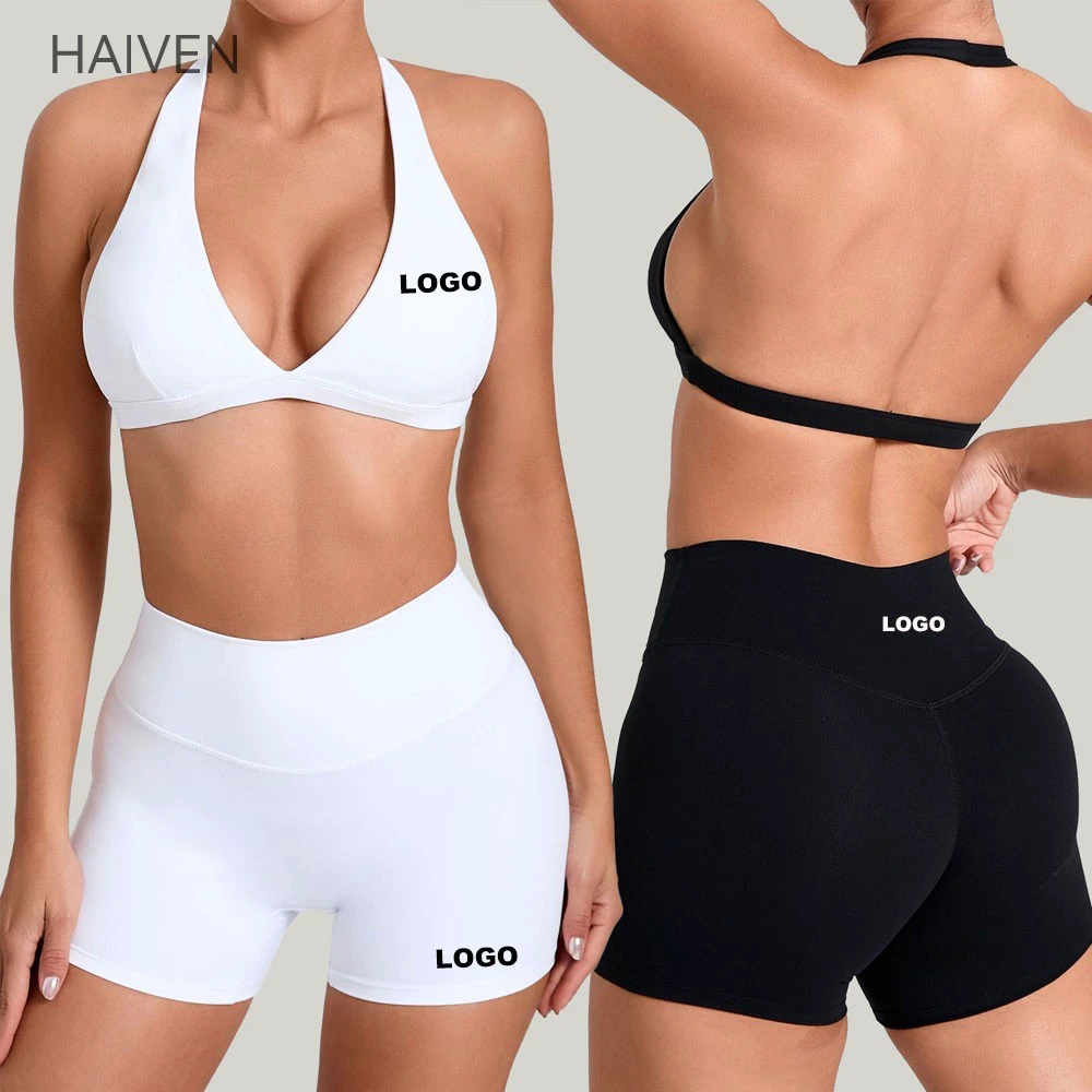 Sexy Women Yoga Halter Neck Sports Bra High - Waisted Shorts Set Fitness Activities Outfit for Gym Workouts