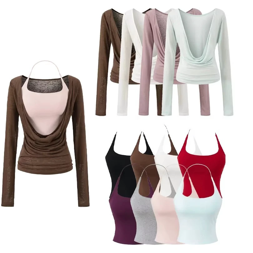 New Design Women's 2-Piece Yoga Set Halter Sports Tank Top & Long Sleeve Mesh Wrap Top Ballet Pilates Quick Dry Spandex/Nylon