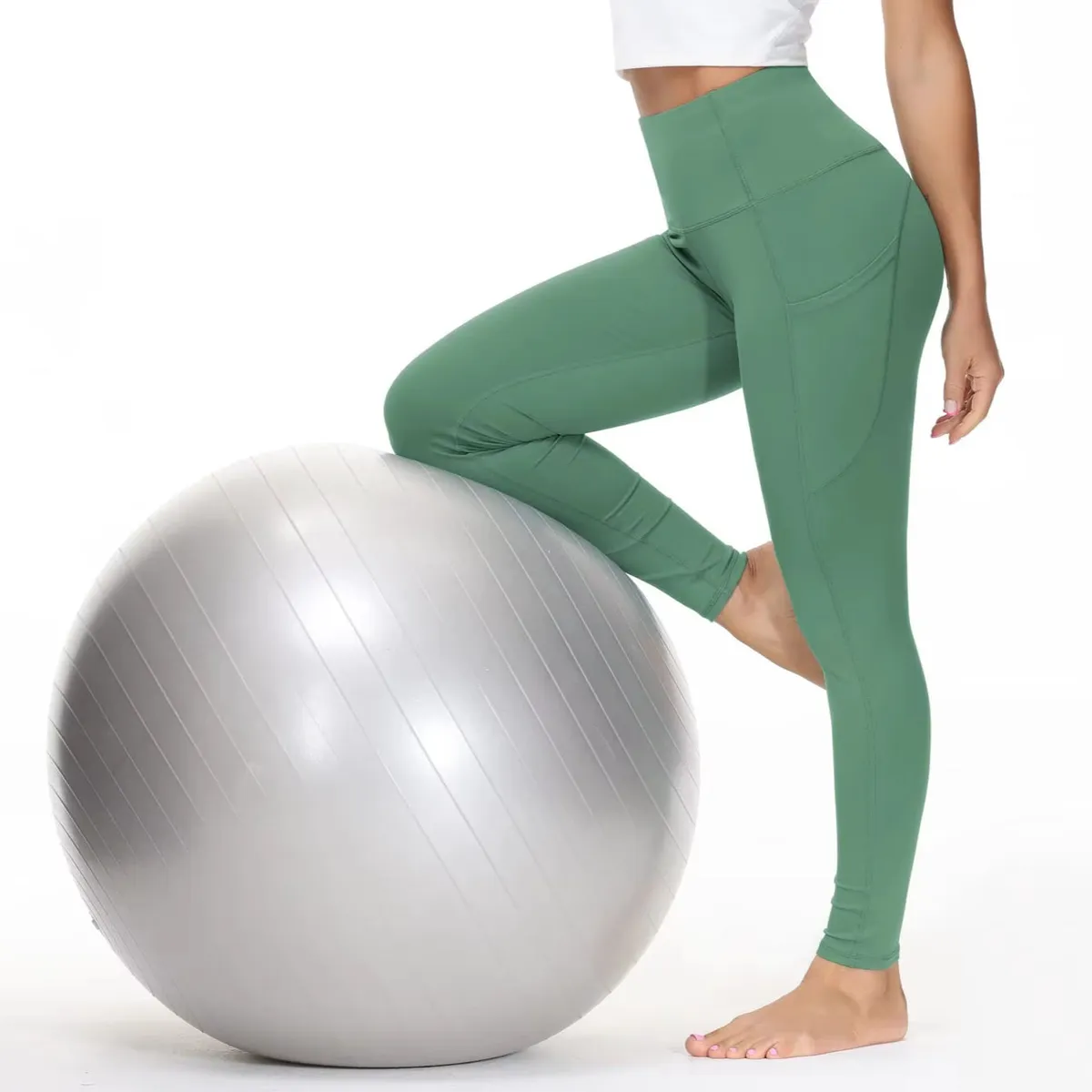 High Waist Green Yoga Leggings Full Length With Pockets Seamless Four-Way Stretch Solid Color Women's Fitness Pants