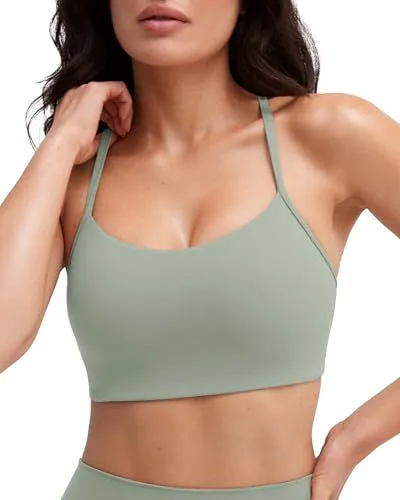 Women's Solid Color Yoga Sports Bra Thin Strap Crew Neck Light Support Green Workout Top Fitness Sports Bra
