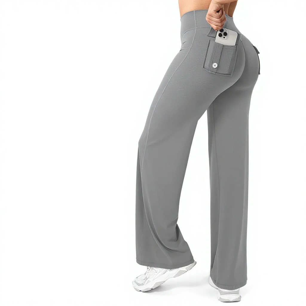 Running High Elastic Solid Full Length Yoga Pants Straight Workwear Pockets Quick-drying Breathable Hip-lifting Sports