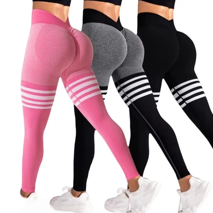New Back V Waist Stripe Leggings Women Seamless Slim Tights Gym Training Running Hip Lifting Fashion Knit Yoga Fitness Pants