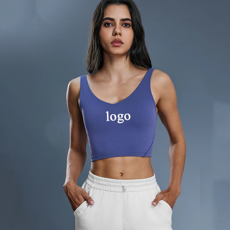 Custom Logo Women's V Neck Sports Yoga Bra With Chest Pad Beauty U Back Spandex/Nylon Fitness Slim Fit Crop Top Gym Tank Top
