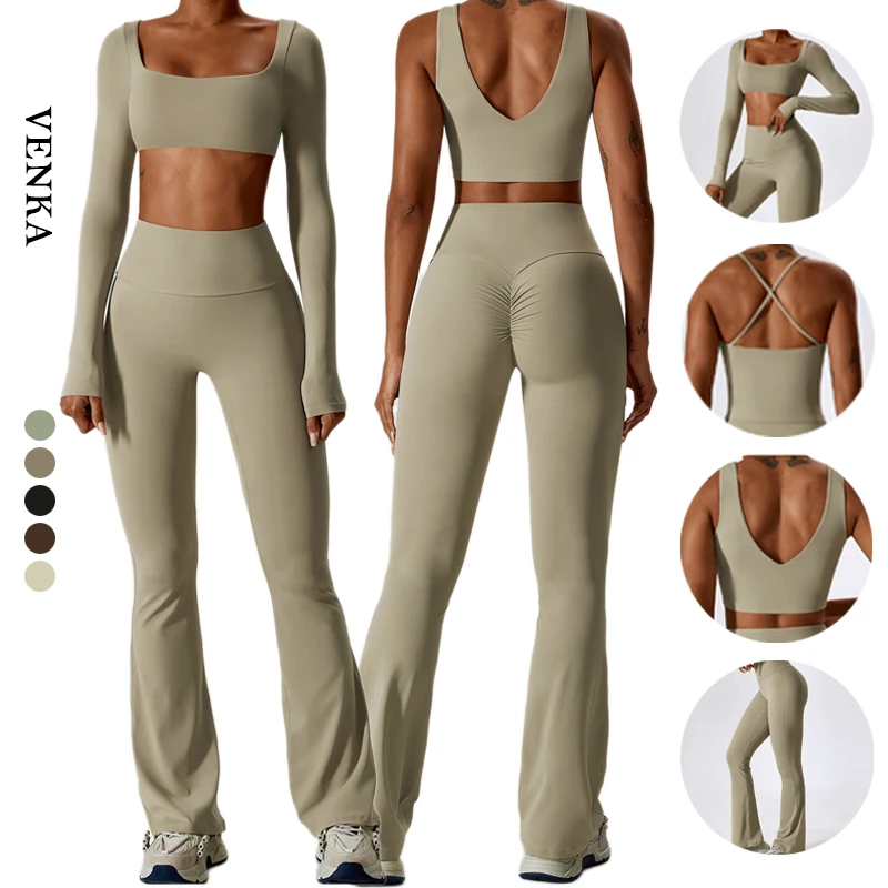 New Design Women Sportswear Long Sleeve Sports Top Bra High Waist Butt Lifting Leggings Suit Gym Fitness Yoga Sets