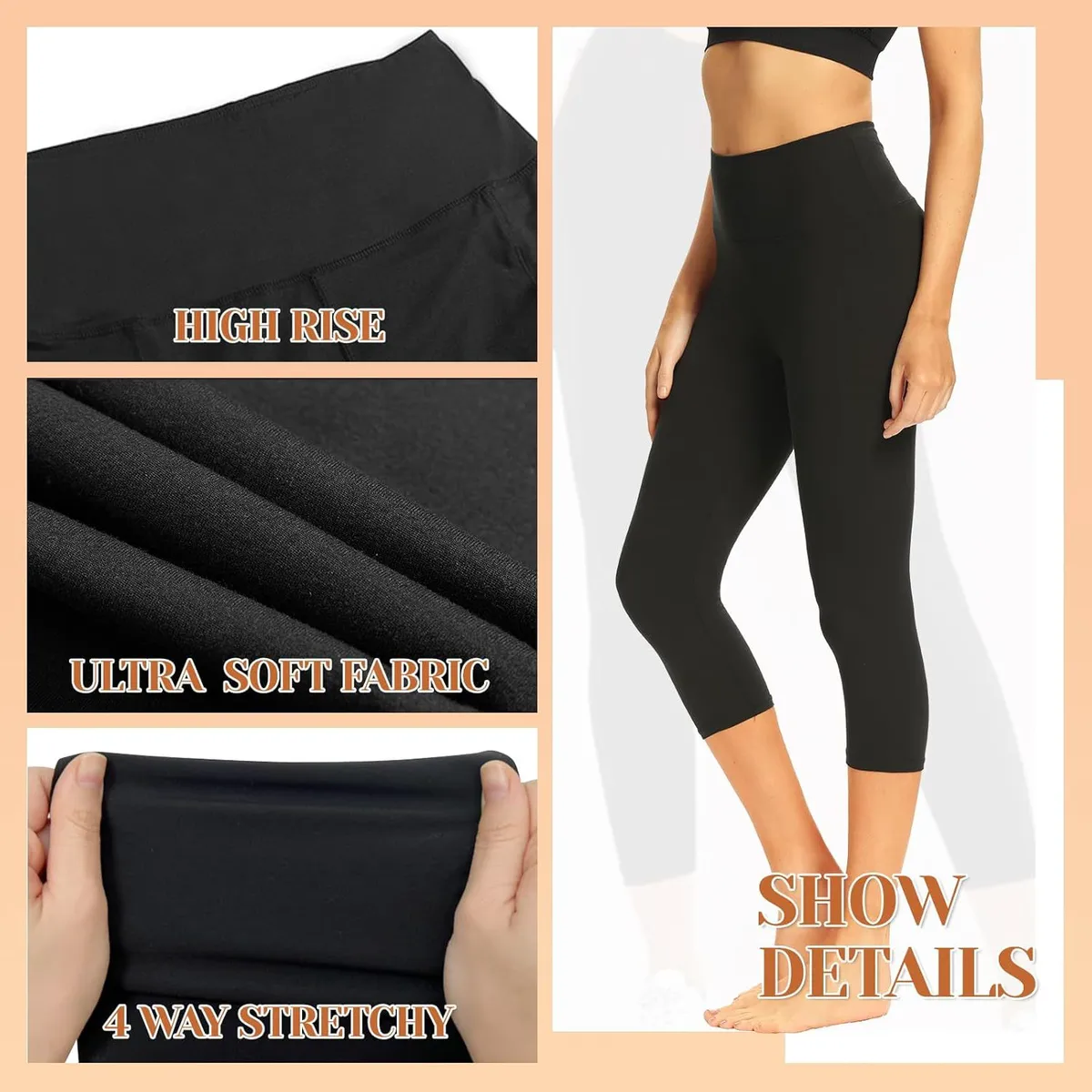 TNNZEET 7 Pack Soft Velour Polyester High-Waisted Yoga Leggings for Women Vintage Style Pockets Black Full-Length Capri 100g