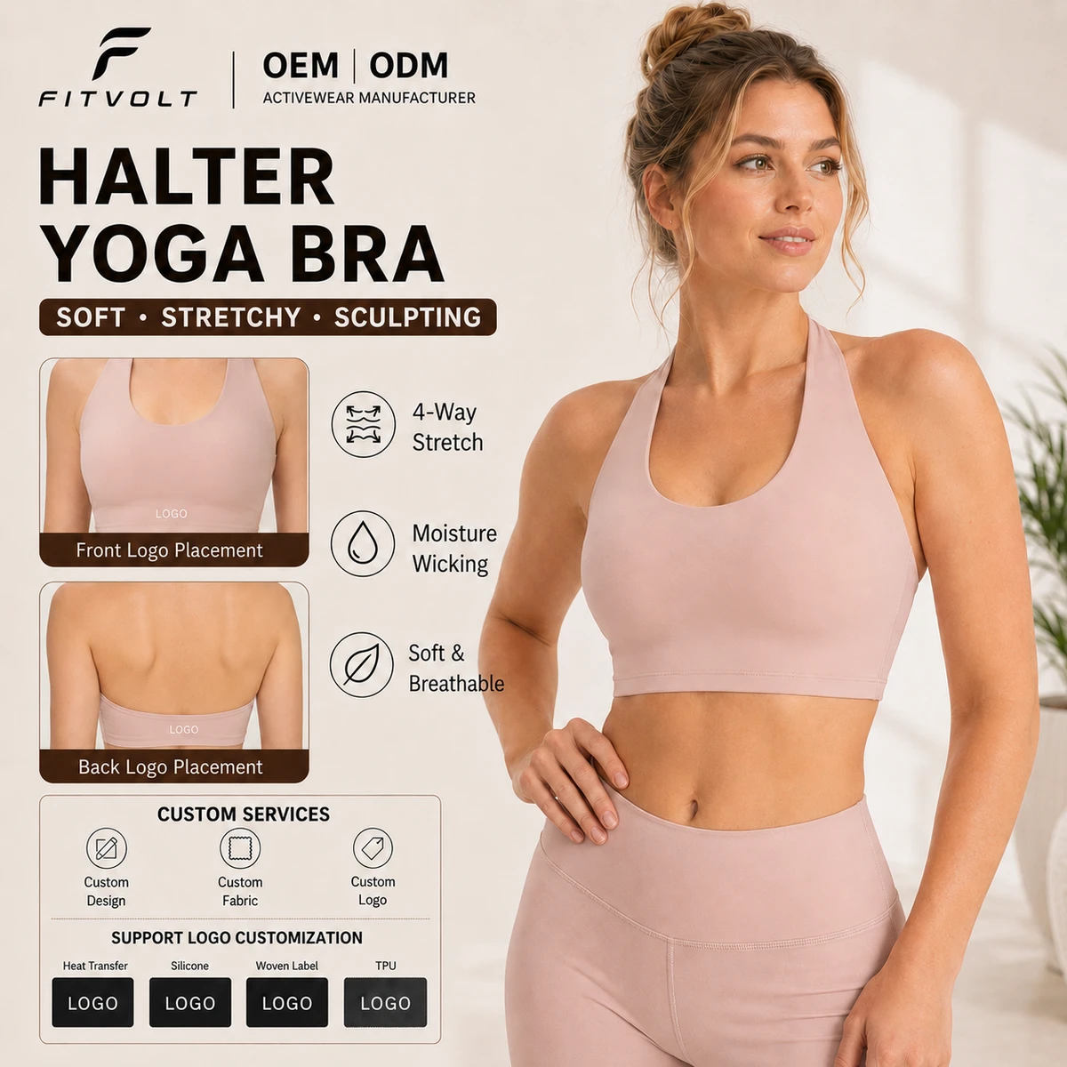 FITVOLT Pilates Premium Women's Sports Bra Breathable Spandex/Nylon Material Medium Support Quick Dry Removable Pads Front