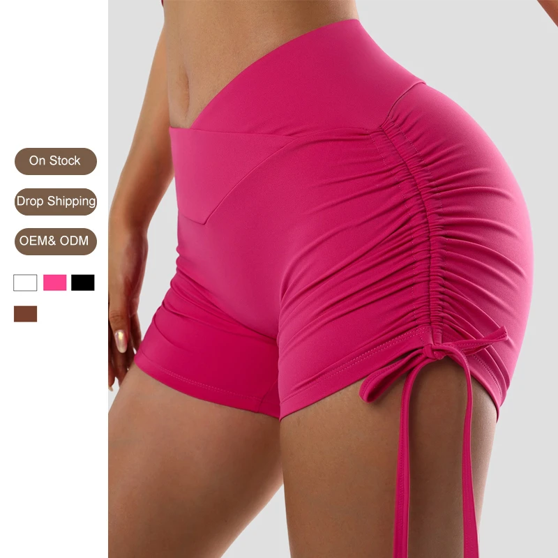 Wholesale V-shaped High Waist Fitness Sports Shorts Peach Buttock Side Drawstring Scrunch Butt Women Gym Yoga Workout Shorts