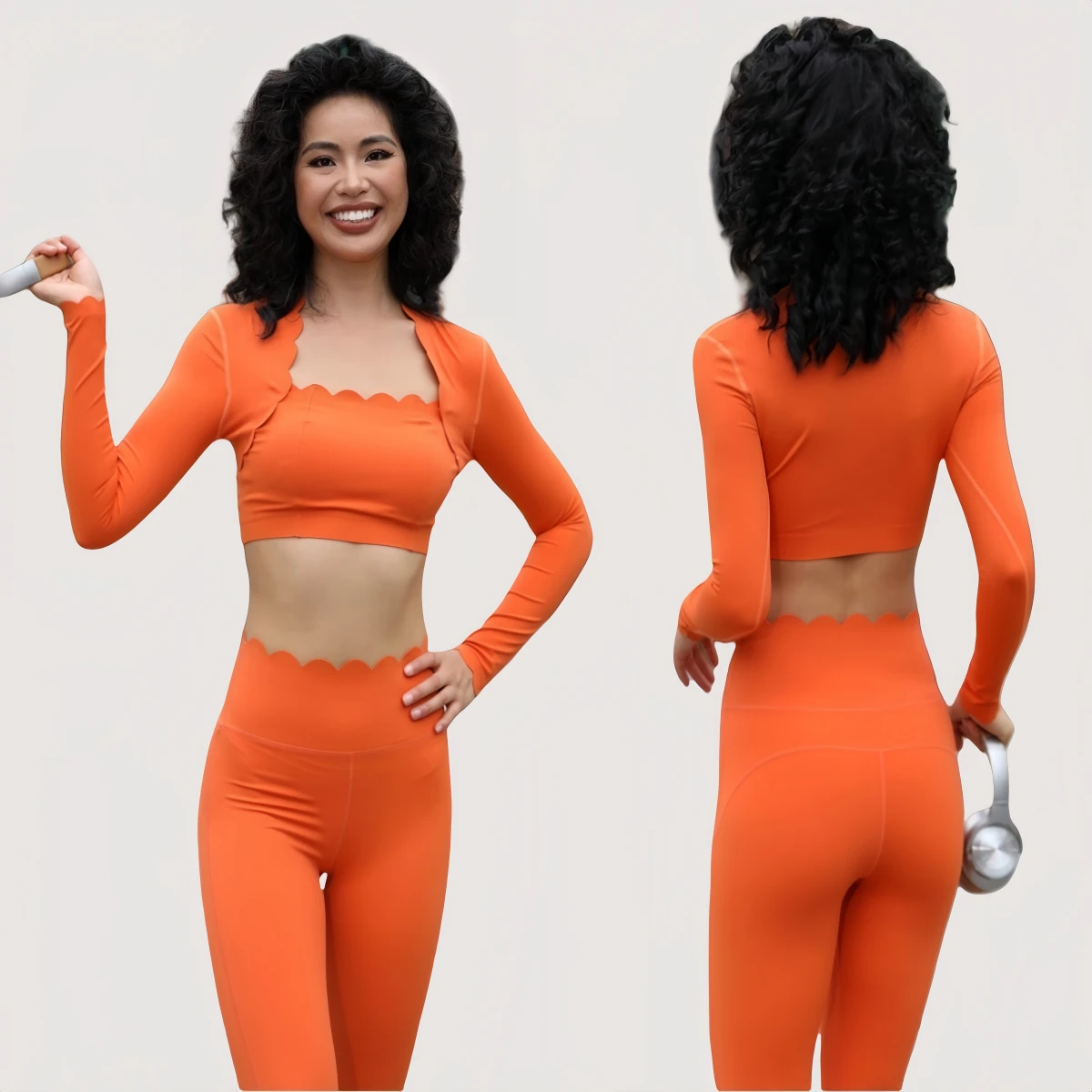 Women's Scallop Active Wear Set Long Sleeves Square Neck Shockproof Padded Crop High Waist Pants Fitness Yoga Wear Suit