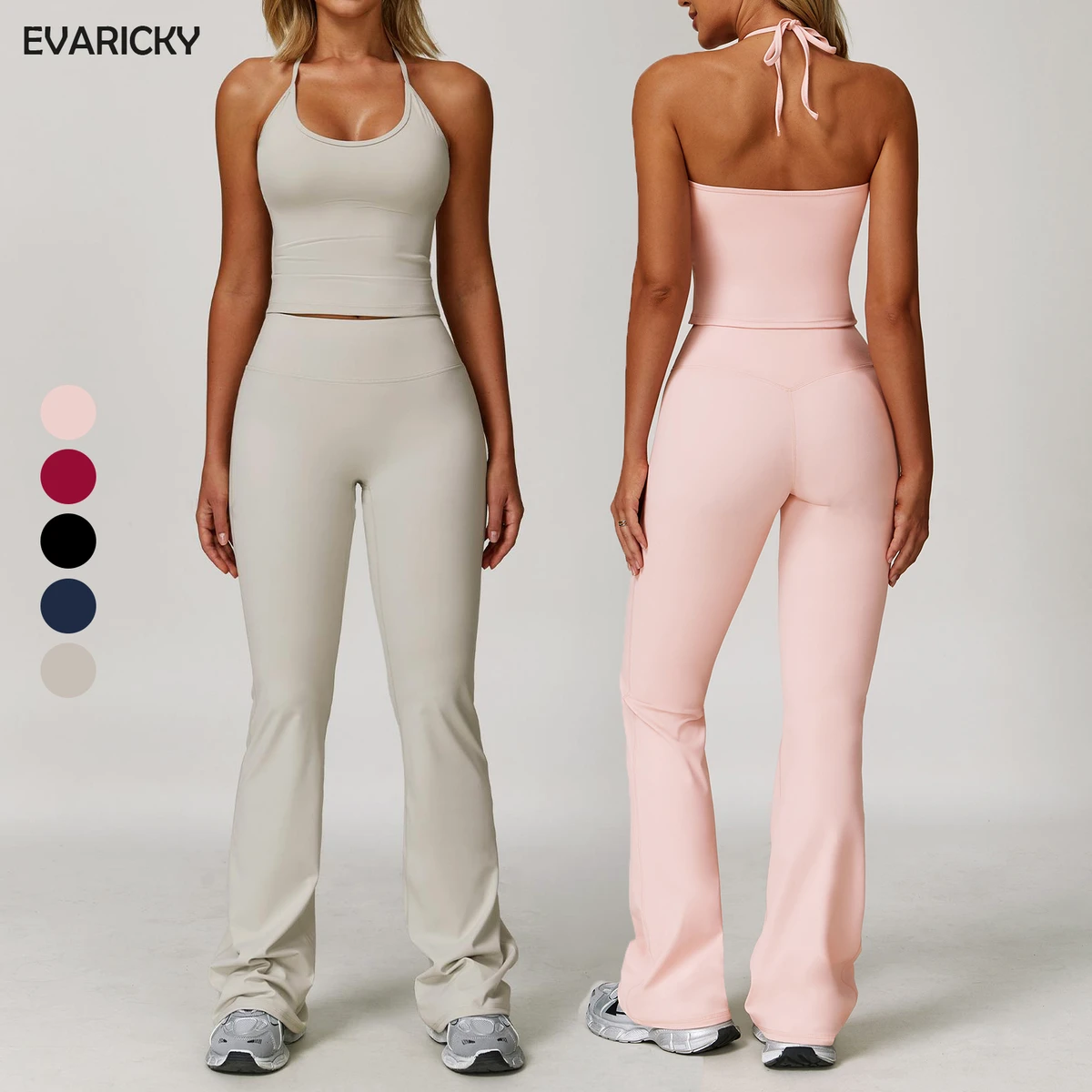 OEM Women's Sports Sets 2-Piece Halter High Stretch Yoga Set Flared Padded High Waist Pilates Gym Active Wear Breathable Nude