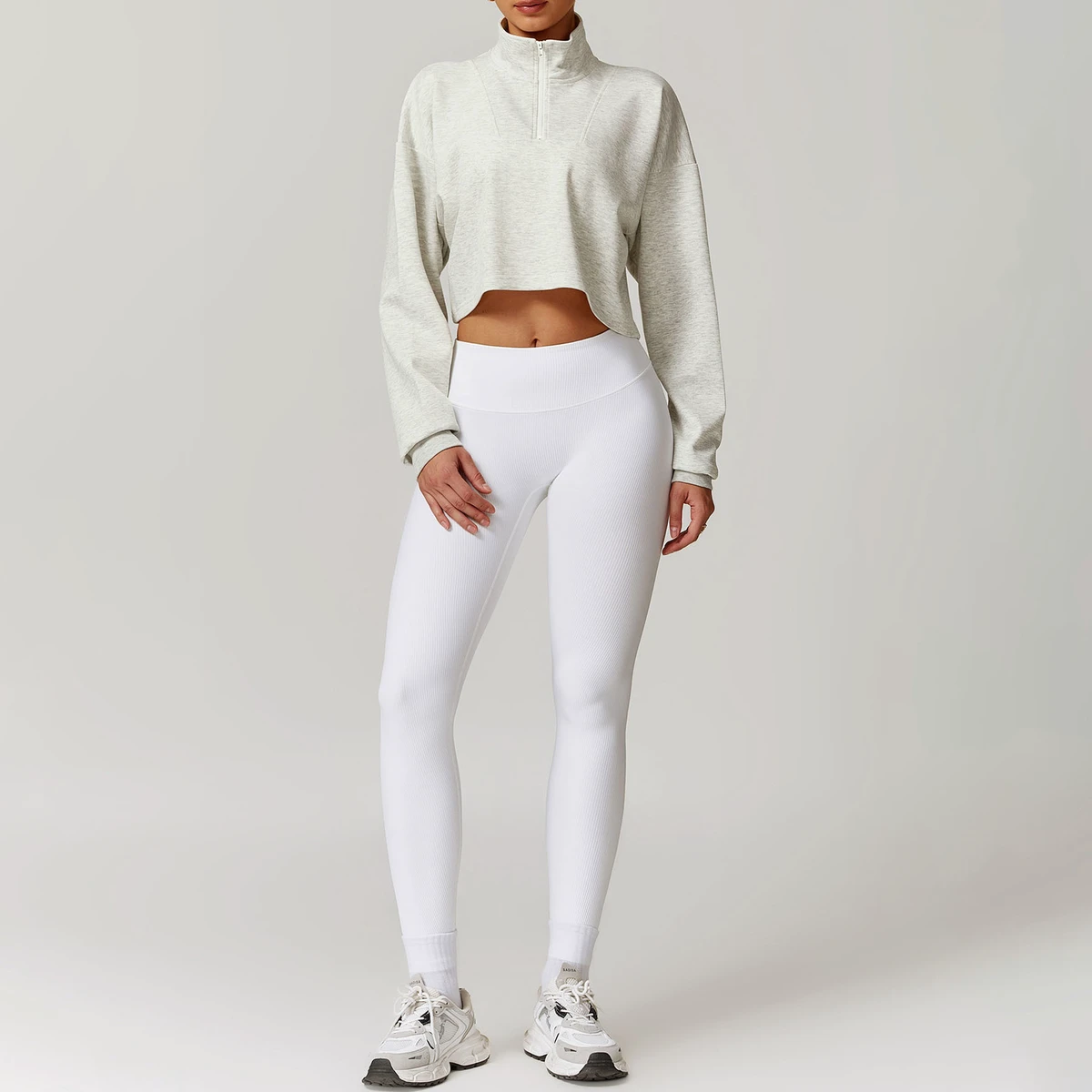 2025 Winter Half Zip Long Sleeve Casual Cropped Sports Jumper and High Waist Ribbed Yoga Leggings Nylon 2PCS Women's Active Wear