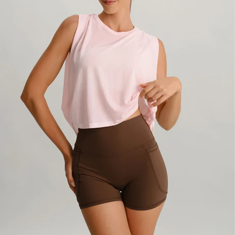 Women Custom Chocolate Brown High Waist Yoga Shorts With Side Pockets High Stretch Tummy Control Activewear