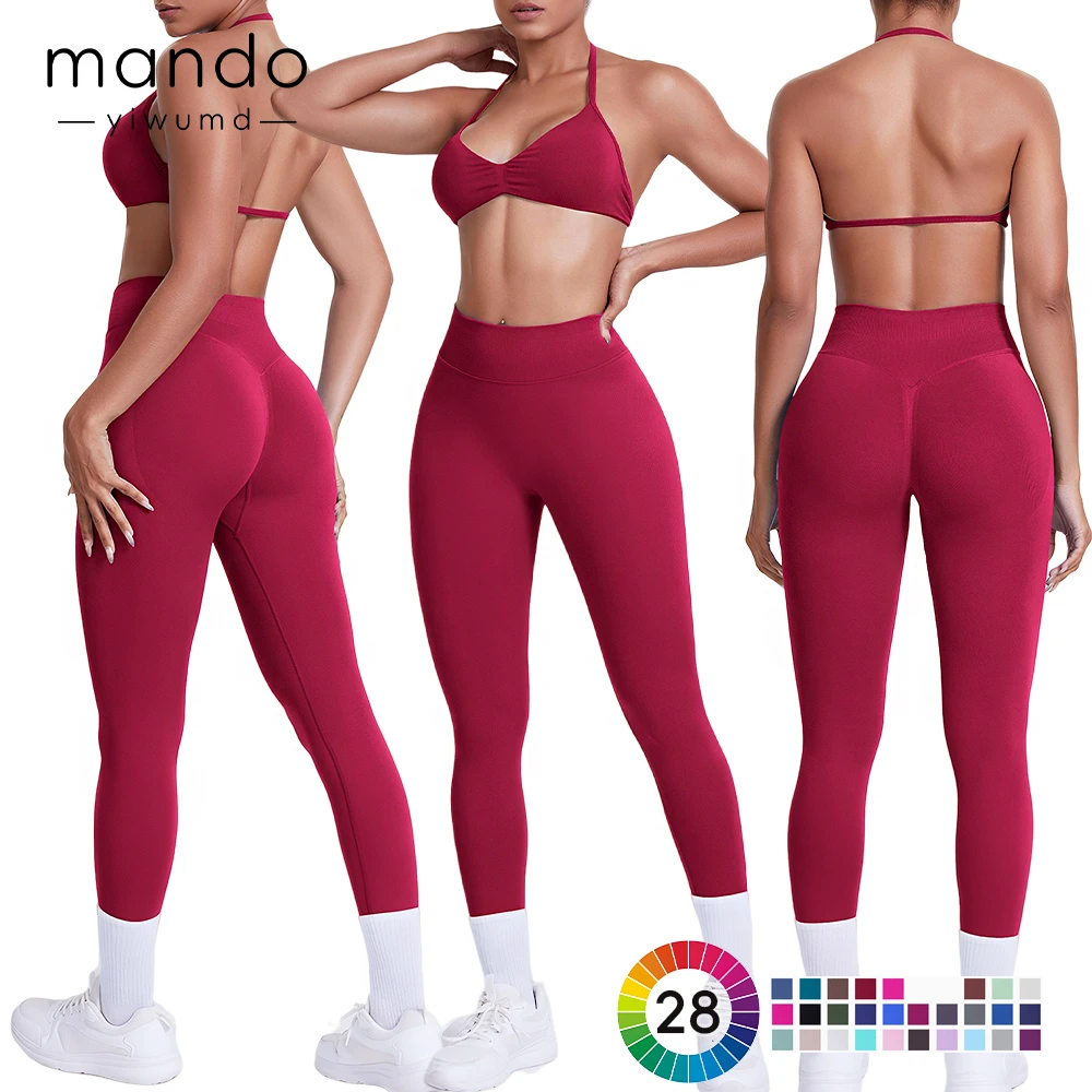 Wholesale Custom Hot Plus Size 28 Colors Sexy Yoga Sets Women's V-Neck Backless Sports Bra and High Waist Leggings Set