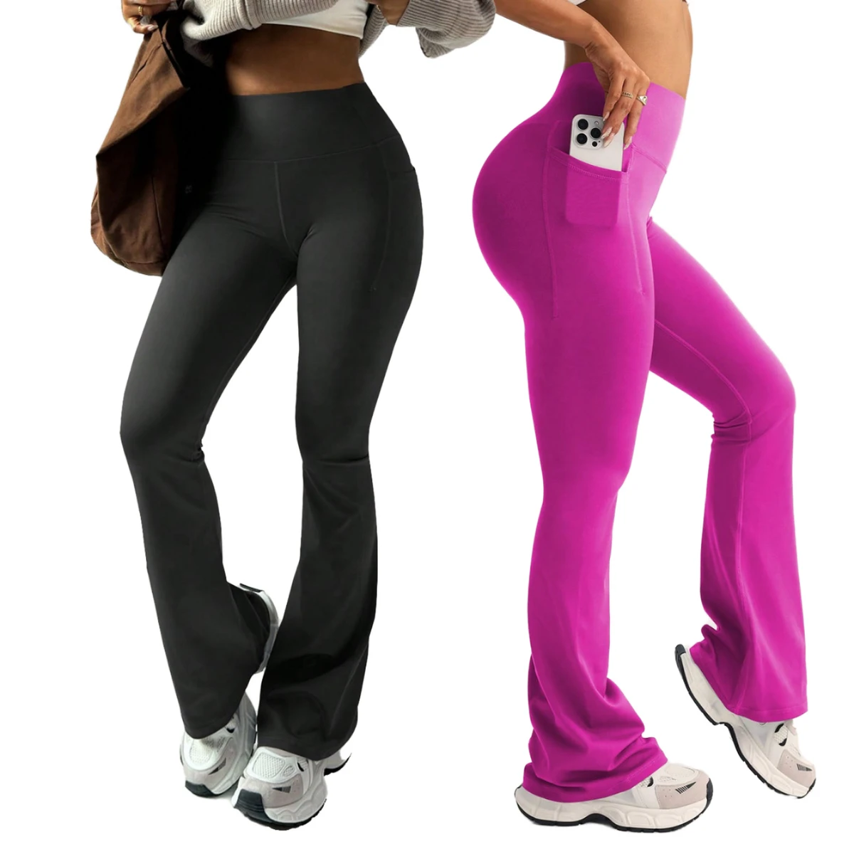 High Waisted Women's Fitness Leggings with Side Pockets Wholesale Breathable Elasticity Butt Lifting Yoga Flared Workout Pants