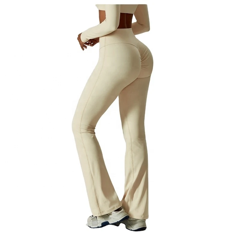 Summer Seamless Butt Lifting Flare Leggings Yoga Pants with Tummy Control High-Waisted Elastic Waist Flat Front Wide Leg