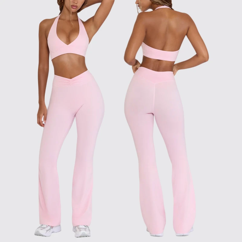 Backless Braless Sexy Eco-Friendly Sweat-Wicking Sports Bra with Neck Strap for Running Yoga 2-Piece Long Pants Set for Women