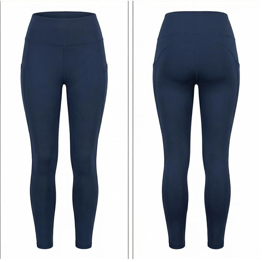 High Waist Full Length Yoga Leggings With Pockets Solid Navy Blue Seamless Four-Way Stretch Women's Activewear