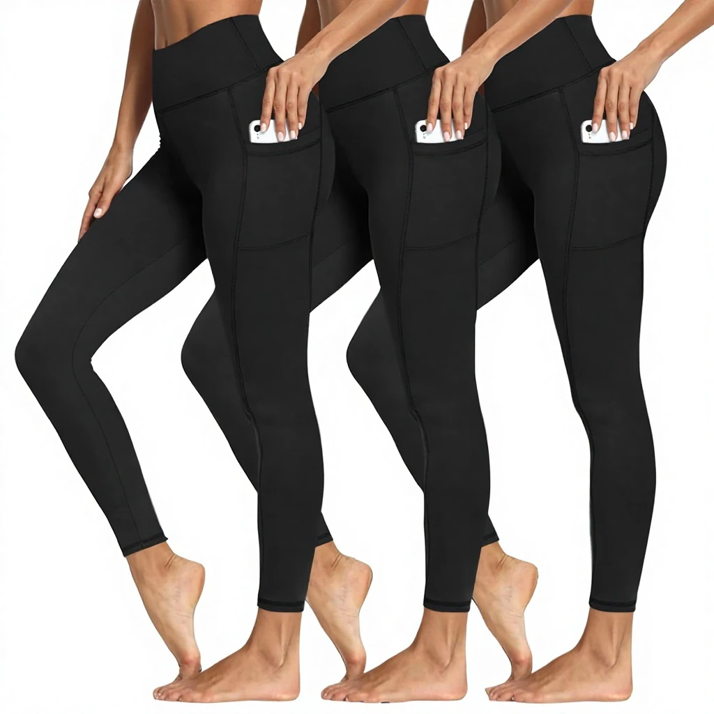 Ladies Casual High Waist Breathable Anti-Bacterial Gym Leggings Side Pockets Yoga Pants Fitness Running Workout Stretch