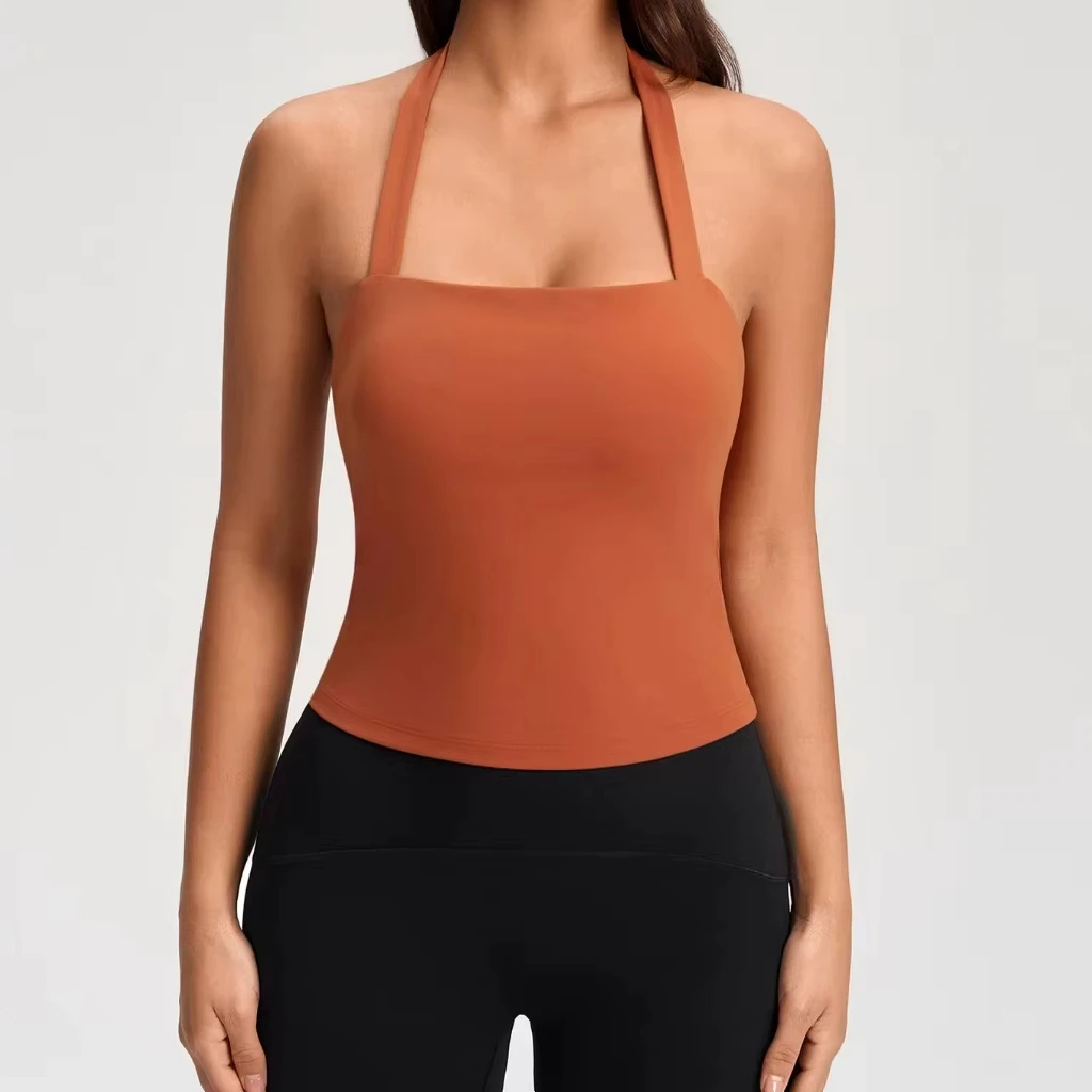 Neck Sling Sports Bra with Chest Pad for Yoga & Pilates Fitness Unisex Polyester Drawstring Closure Needle Detection