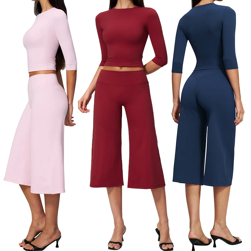 TZ8455-11 Supportive Comfort 3/4 Sleeve Cropped Waist Cutout Top Capri Wide Leg Pants Soft Matte Stretch Women Fitness Outfit