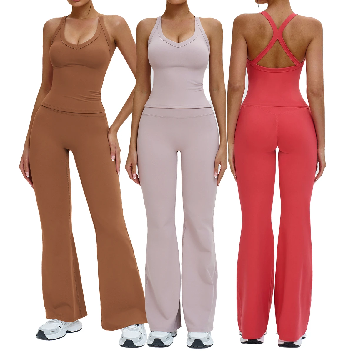 Womens Yoga Set Three Tops U Neck Crew Square Open Back Knit High Waist Flare Pants Stretch Fitness Athleisure Wear