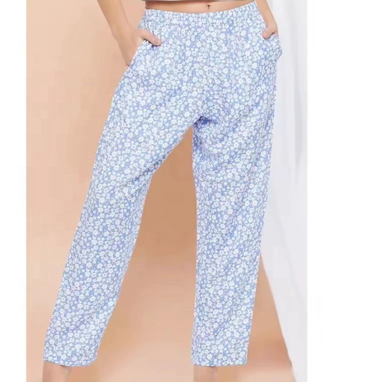 Women's Elegant European Style Floral Print Eco-Friendly Cotton Pants Breathable Spring Summer Casual Wear Custom Elastic Waist