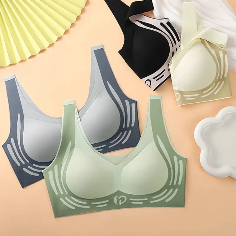Color-Block Beauty Women's Anti-Sagging Push-Up Sports Bra Thin Seamless Soft Support Bra Cup Side Breast Collection Back Lift