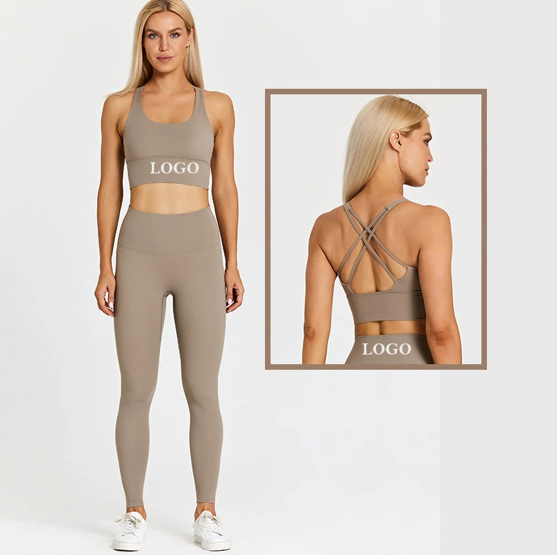 Hot Sale Sexy Workout Thin Strap Bra V Cut Cross Waist Shorts Leggings Crop Top 2 Piece Gym Fitness Wear Yoga Suit Set for Women