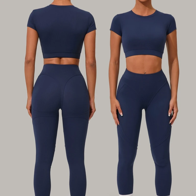 Women's Yoga 2 Piece Set Crew Neck Short Sleeve Top Fleece High Waist Butt Lifting Leggings Pant No Padded Sculpted Butt Seams