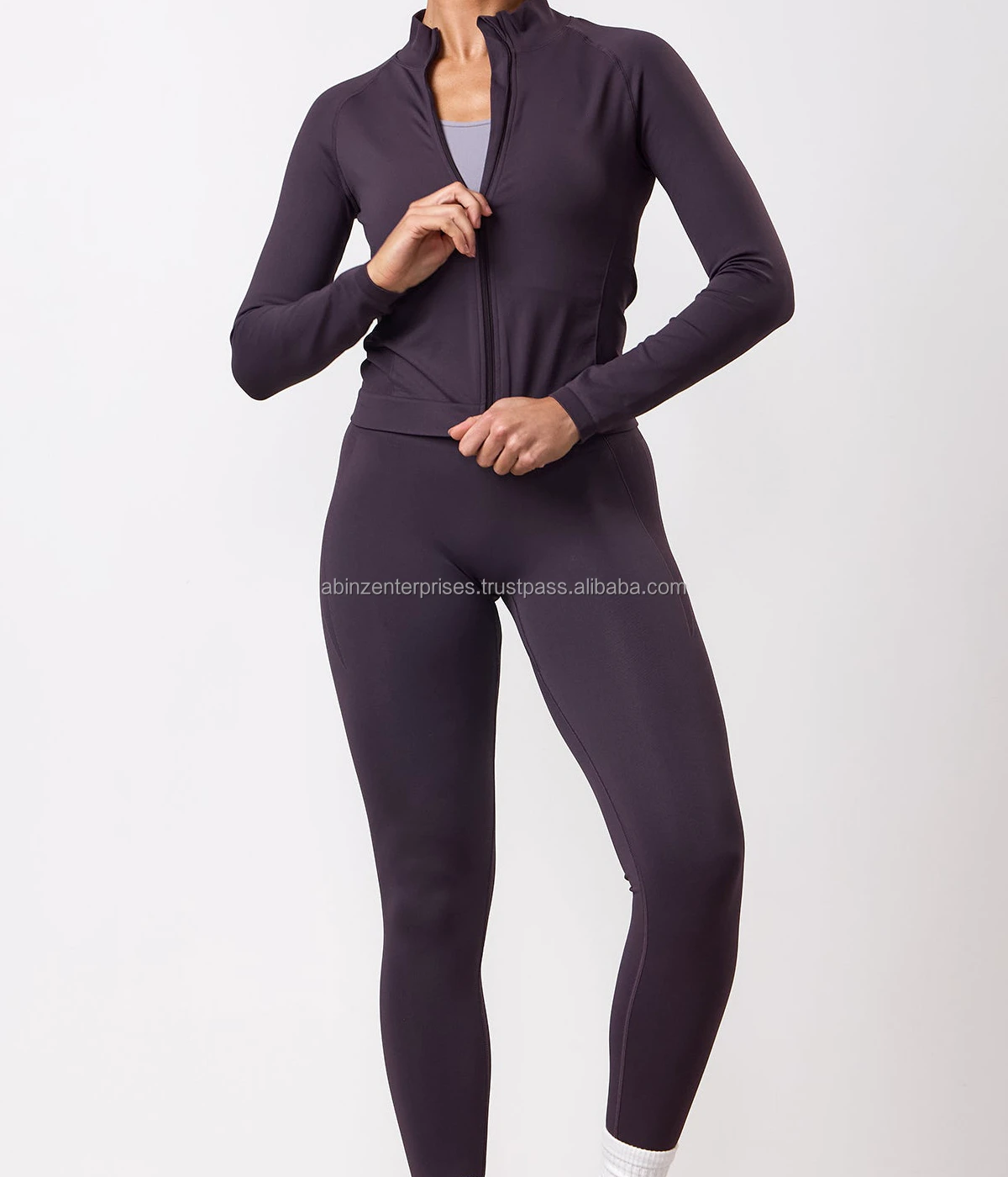 Women Sports Yoga Set 2-Piece High Waist Knee Length Jacket Solid Pattern Quick-Dry Breathable Spandex/Nylon Fabric Front Logo