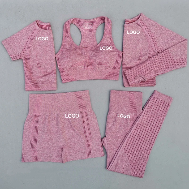5 Pieces Yoga Set Long Sleeve Pink Fitness Crop Top Underwear Gym Clothing Custom Logo Fall Workout Sets Seamless Yoga Set