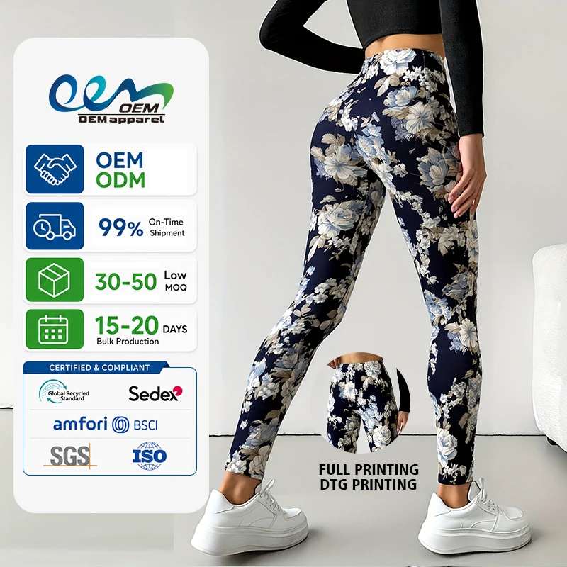 OEM ODM Factory Custom Logo Women High Waist Floral AOP Sublimation Digital Printing Full Printed Slim Fit Workout Yoga Leggings