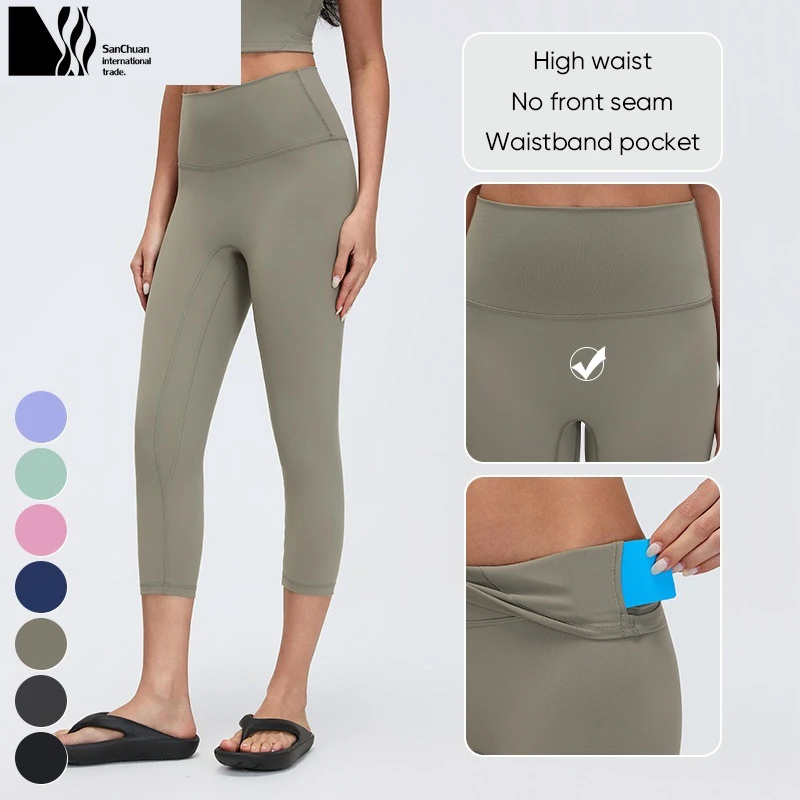 Soft Breathable Wide-Rise No Front Seam Crop Tight Fitness Sports Pants High Elastic Waist Yoga Capri Leggings with Pocket