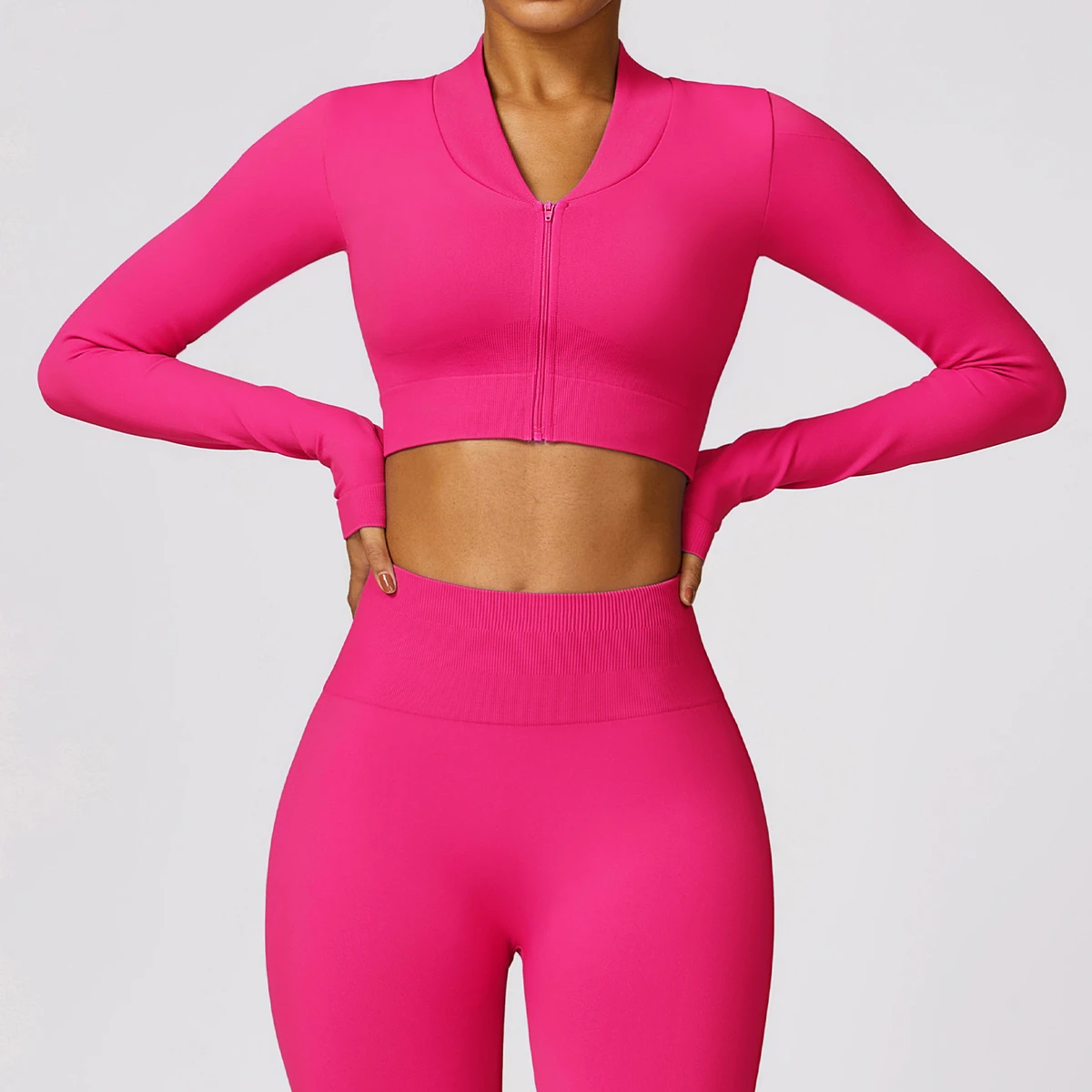 Custom Womens Fitness Yoga Clothing Set Two Piece Zipper Jacket And High Waist Leggings