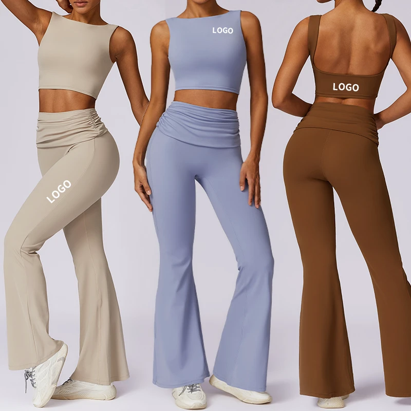 Soft Buttery Feel Yoga Tracksuit - Square Neck Crop Tank Top & Fold Over Flare Leggings Set - Workout Outfits Gym & Streetwear