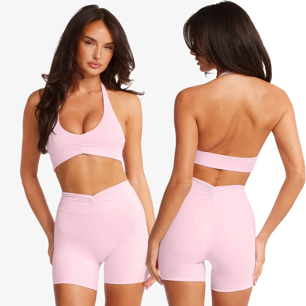 New Gym Breathable Fitness Sports High Quality Athletic Yoga Halter Bra Training Shorts Women's Workout Set