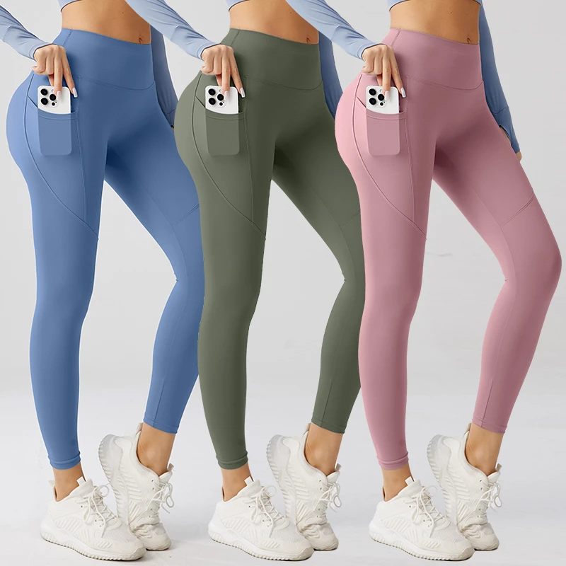 Fitness Pants Side Phone Pocket Yoga Leggings Custom High Waist Tummy Control Outdoor Fitness Workout Pants