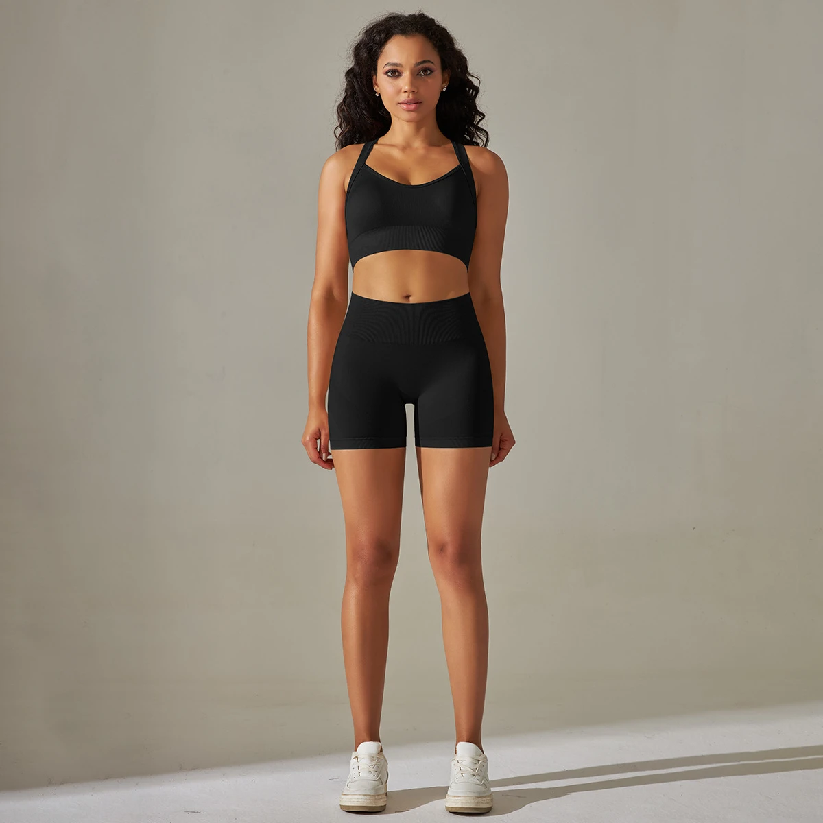 Custom Logo Women 2 Piece Yoga Outfits Cross Back Sports Bra High Waist Cycling Shorts Gym Running Workout Active Wear Sets