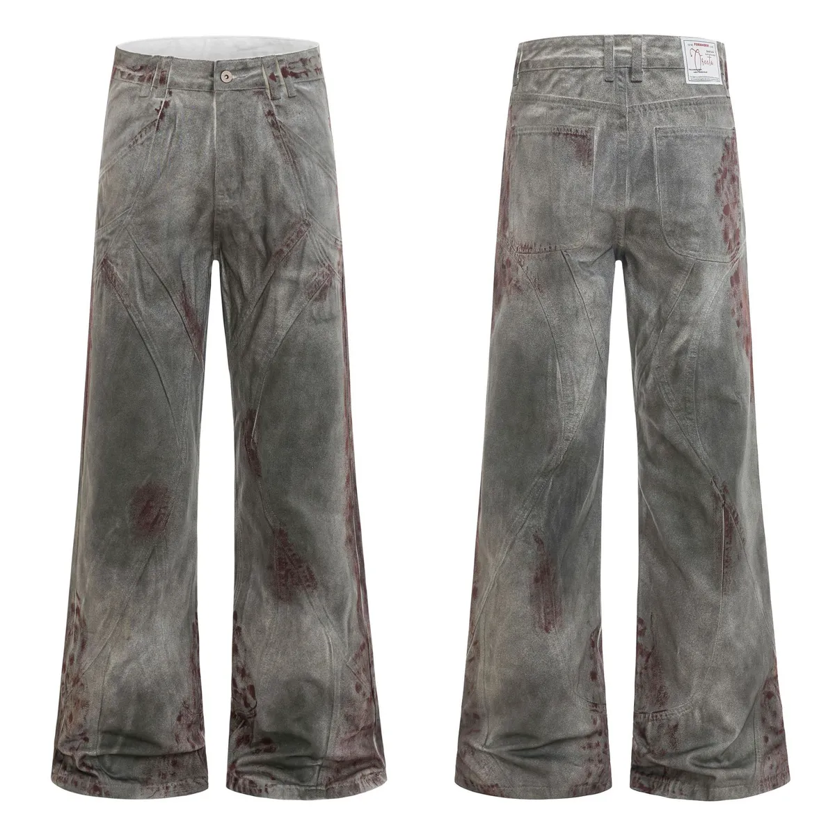 American Handmade Painted Eco-Friendly Micro Beep Mid-Rise Denim Wide Leg Jeans Men's Women's Vintage High Street Ripped