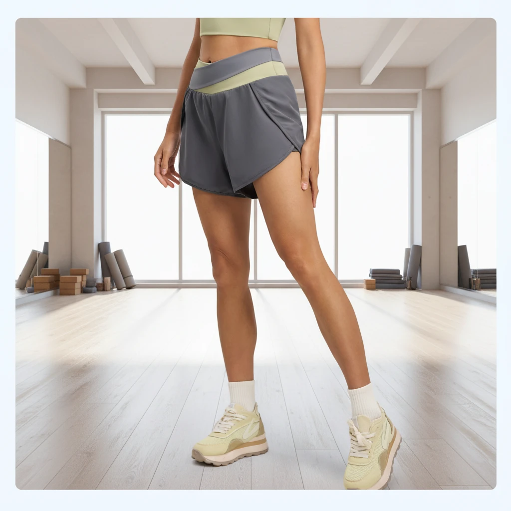Color-blocking Anti-exposure Two-piece High-waist Belly Pocket Yoga Shorts Breathable Quick Dry Sports Fitness